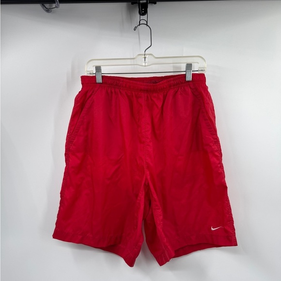 Vintage Nike Trunk Shorts L Red 90s Swoosh Mesh Lined Nylon Swimwear Running Y2K - Picture 1 of 12